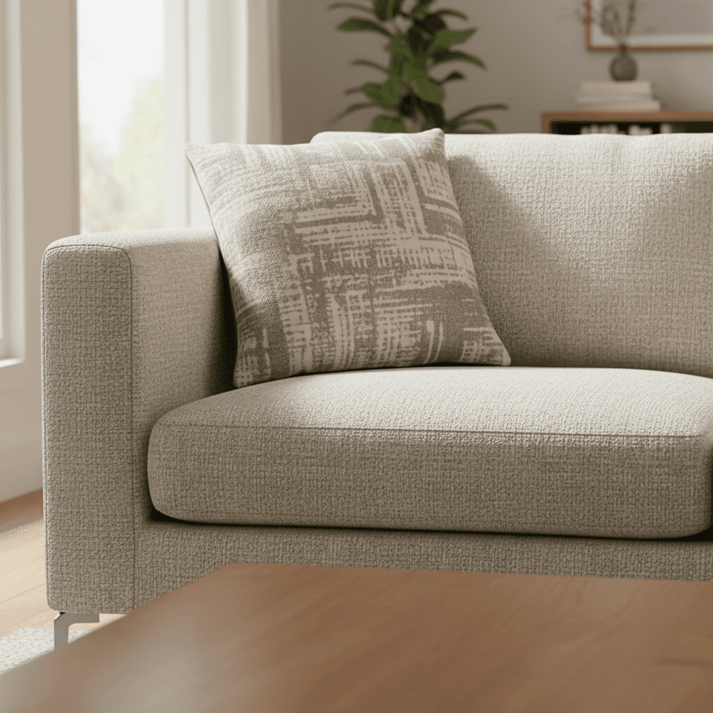 Fabric sofa with plump cushions in a bright living room
