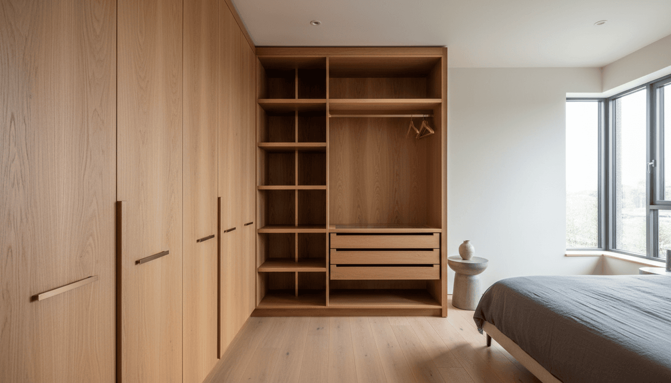 Wooden wardrobe cabinet with glass doors and shelving