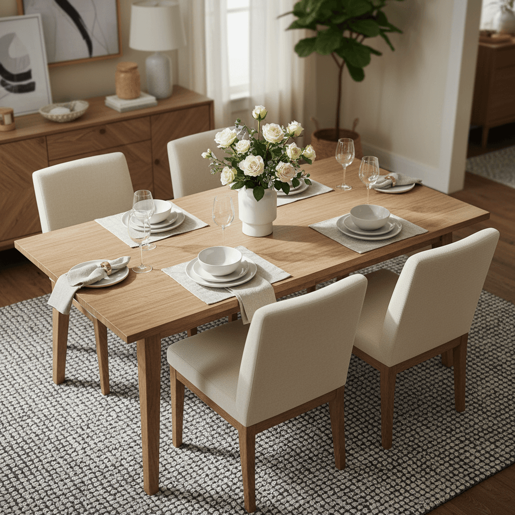 Wooden dining table with four chairs and place settings