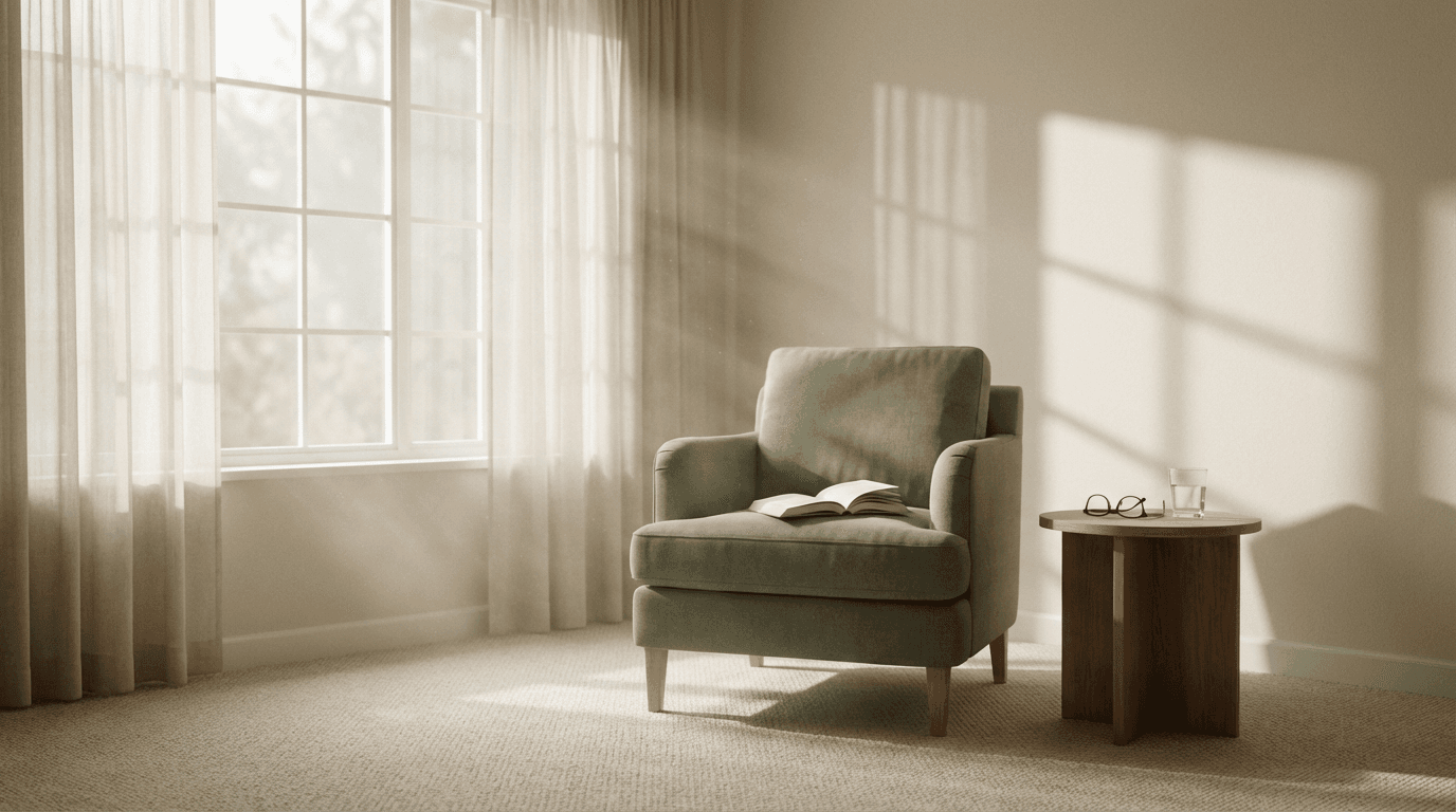 Bright living room in Doha with sofa, wooden dining table and cabinet, hand lifting a smartphone to take a photo