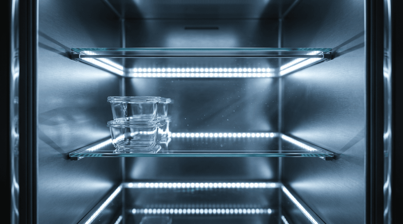 Interior of illuminated open refrigerator with stainless shelves and cool blue-white LED lighting, minimalist and clean.