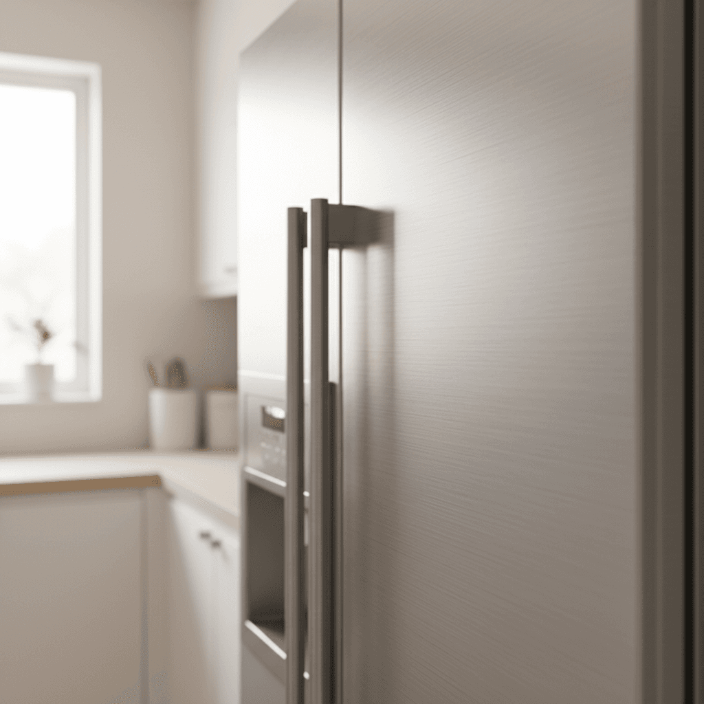 Clean stainless steel refrigerator in a simple kitchen