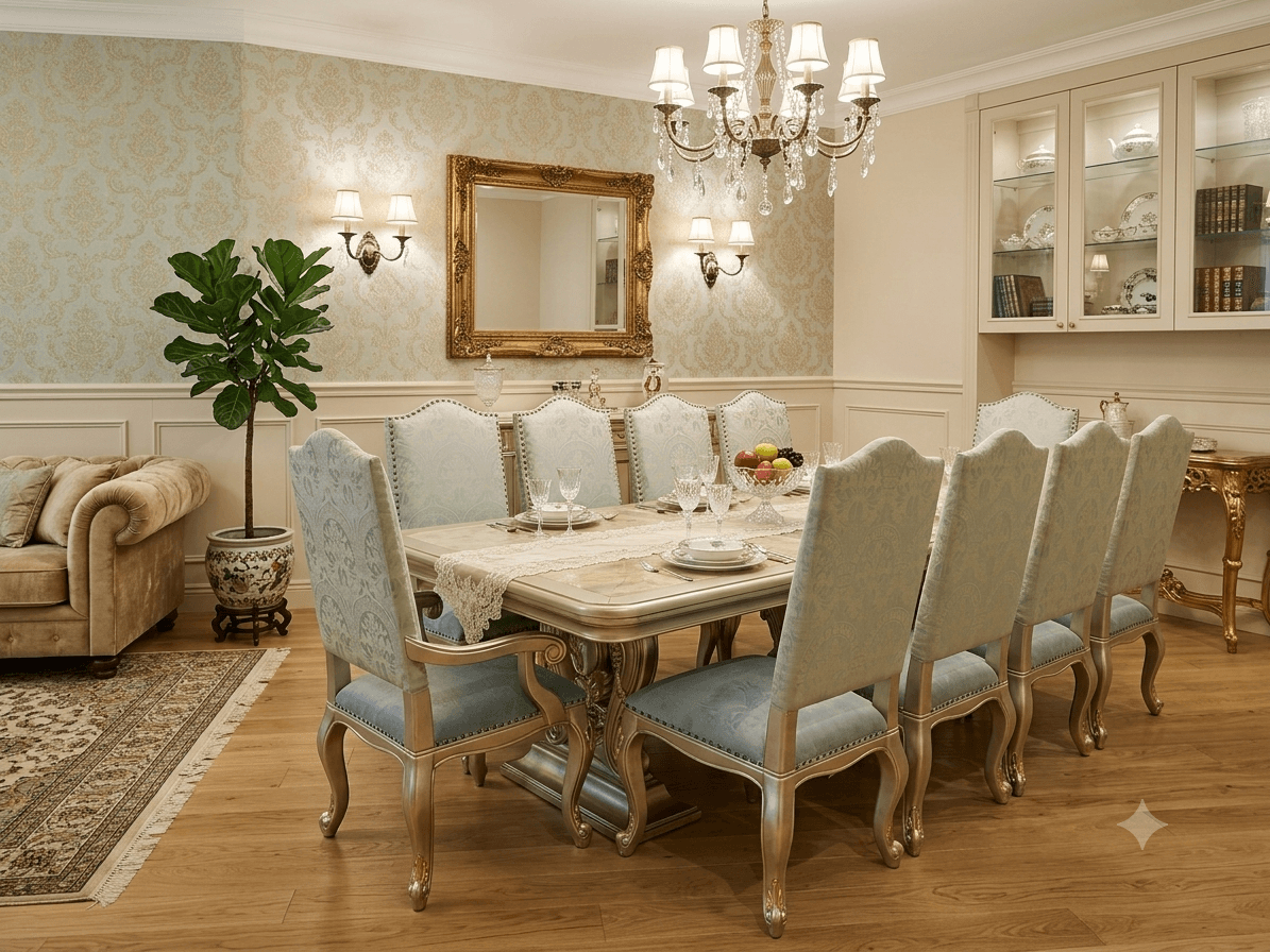 Elegant dining room with light blue upholstered chairs, crystal chandelier, and ornate gold-framed mirror.