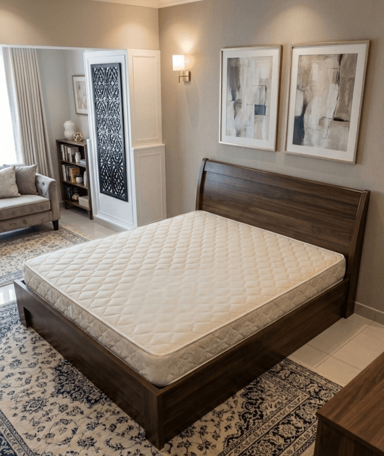 A wooden bed frame with a white quilted mattress in a modern, neutral-toned bedroom.