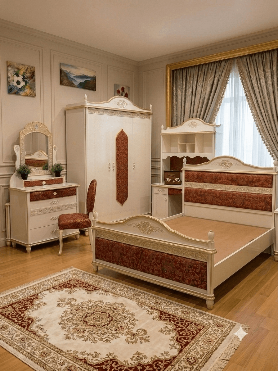Ornate white and gold bedroom set with red patterned accents, including a bed, wardrobe, and vanity.